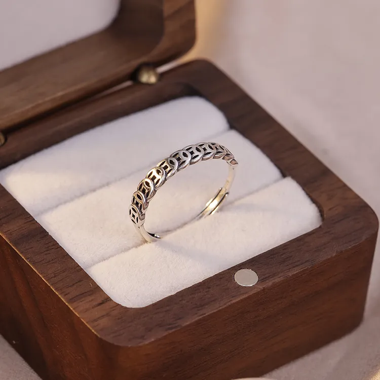 925银戒指 925银铜钱戒指女2025复古做旧可调节食指戒情侣戒尾戒