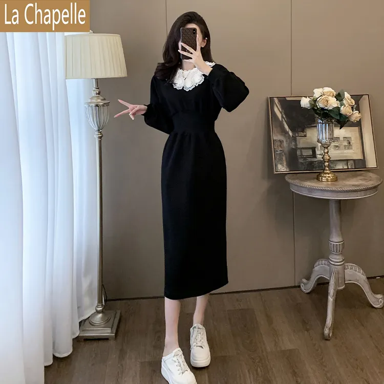 拉夏贝尔法式轻奢连衣裙女秋冬新款时尚黑色收腰中长款打底裙子潮