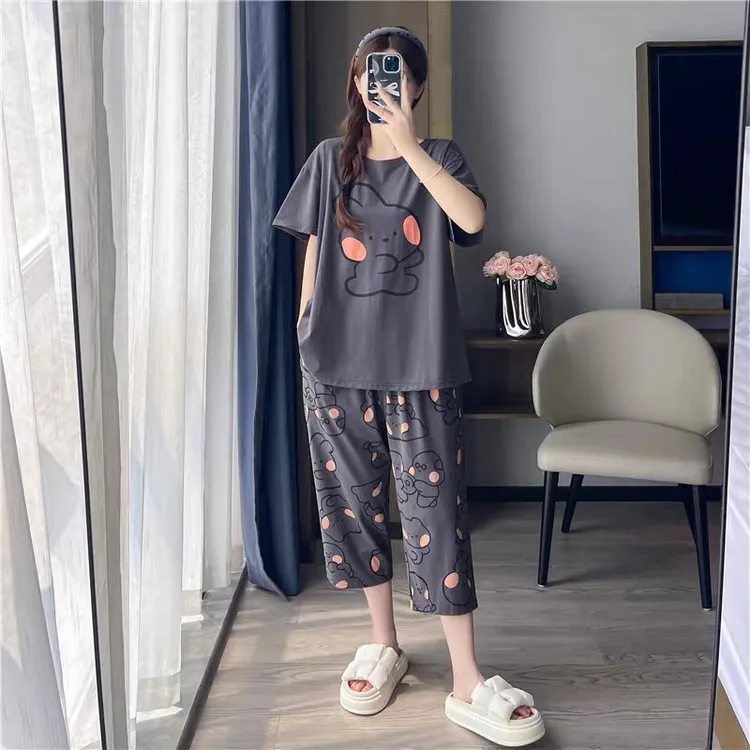 带胸垫睡衣女夏季纯棉新款短袖七分裤家居服全棉女士睡衣套装夏天