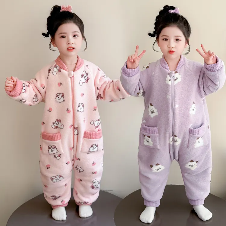 女童连体睡衣秋冬季加厚女宝宝法兰绒保暖防踢被睡袋儿童家居服冬