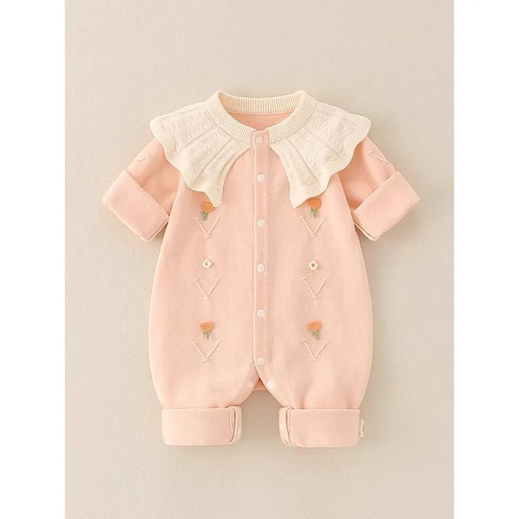 婴儿衣服满月公主服秋冬棉线女宝宝可爱连体毛衣粉色萌系长袖套装