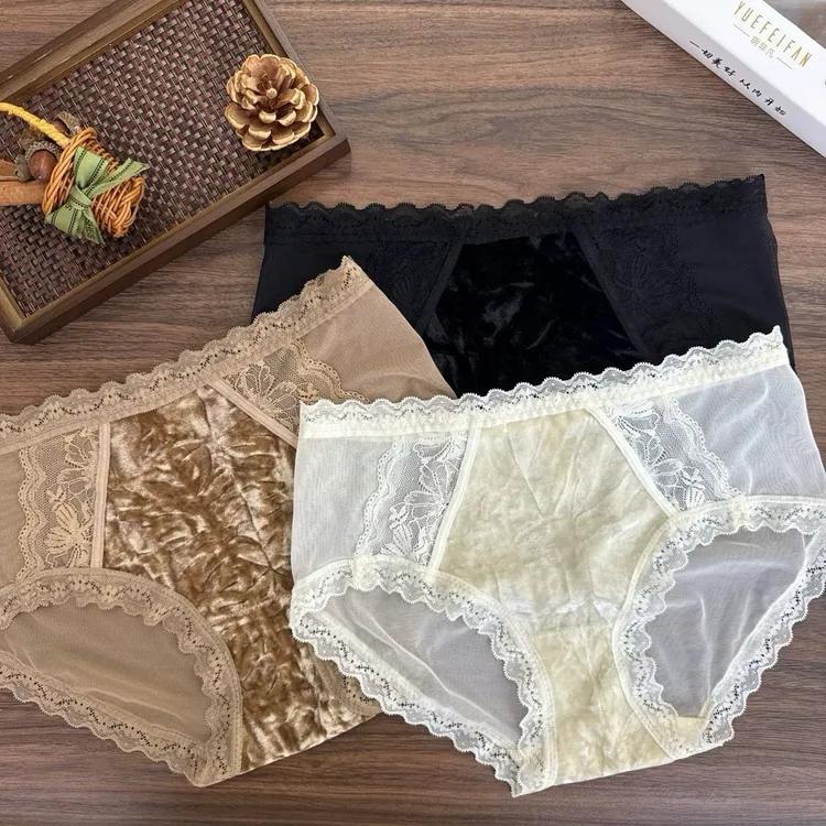 5375 法式浪漫丝绒软蕾丝女士中腰大包臀三角内裤