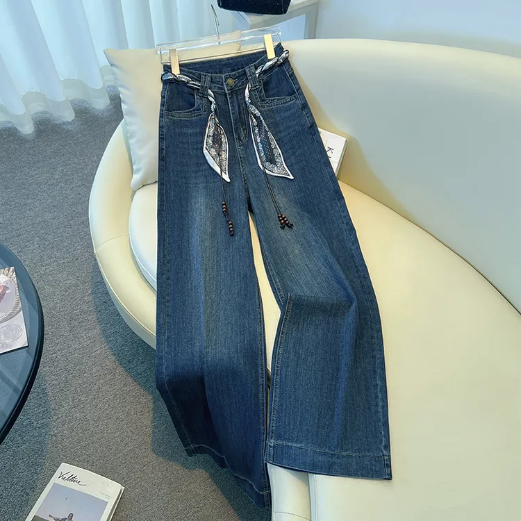 高腰直筒牛仔裤女早秋季2025新款四面弹爆款复古宽松阔腿拖地裤子
