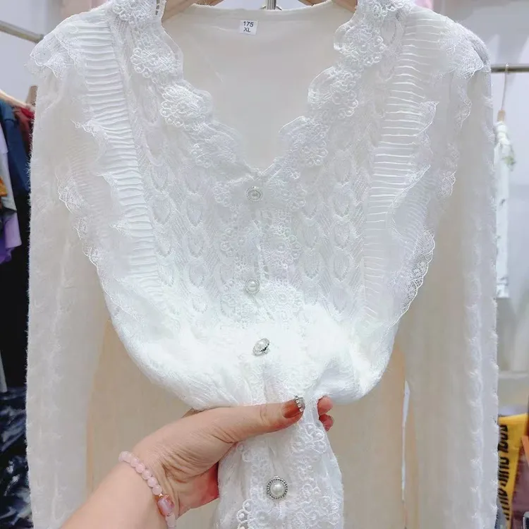 凤尾花V领加里衬法式蕾丝边衬衫设计感独特超好看上衣时尚打底衫