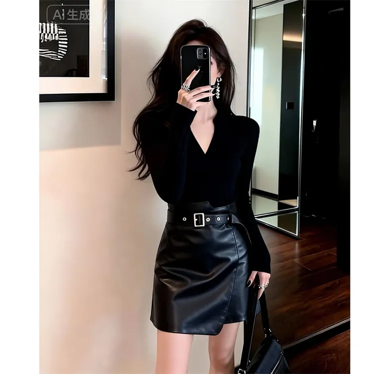 parkyeon秋冬设计感V领显瘦针织上衣百搭皮裙半身裙两件套装