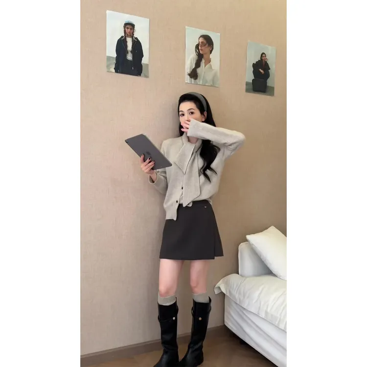 秋冬毛针织开衫韩系温柔风短款毛衣侧开叉A字短款裙裤a字显瘦裙子