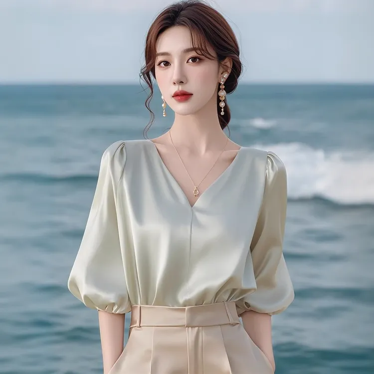 缎面中袖衬衫女夏季2025新款气质时尚小衫高级感法式上衣宽松衬衣