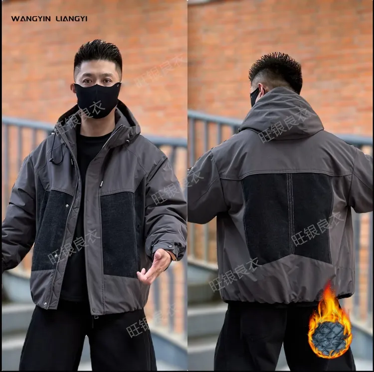 男士潮牌三防加棉加厚连帽牛仔拼接连帽棉服宽松休闲保暖秋冬外套