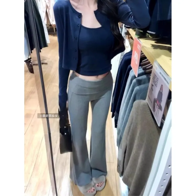 翻腰灰色针织垂垂裤女2025春夏新款修身弹力显瘦休闲阔腿微喇叭裤