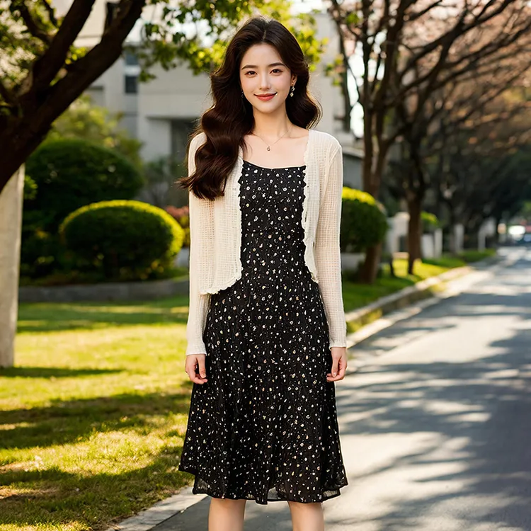 【月落星辰】奢姿2025秋季V领减龄碎花吊带针织两件胖妹妹时尚套装