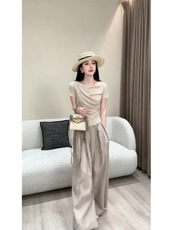 韩系高级感休闲套装女2025夏季新款气质短袖t恤阔腿裤两件套女装