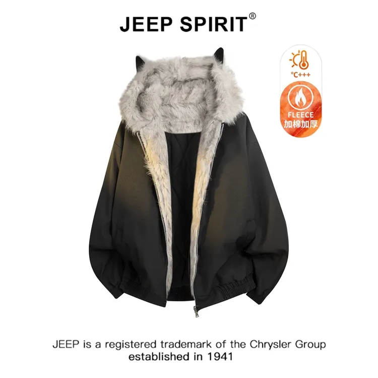 JEEPSPIRIT吉普座山雕耳朵连帽棉衣女秋冬季宽松加绒保暖棉衣男