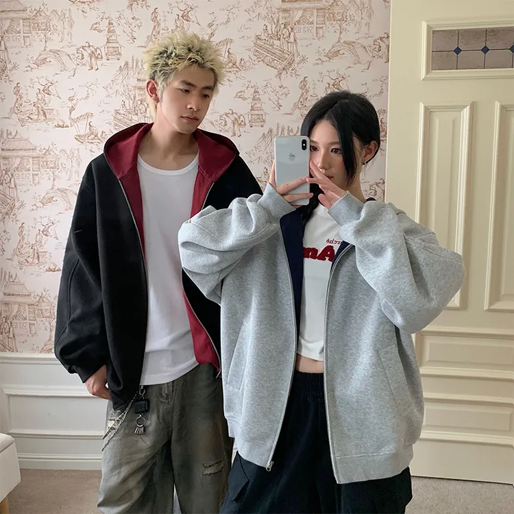情侣装美式重磅高街撞色连帽卫衣男女春秋潮牌宽松运动服开衫外套