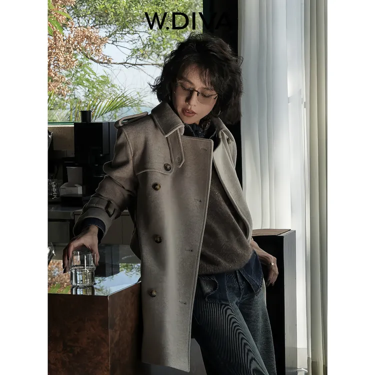 W.Diva【柔束】双襟肩章羊驼羊毛毛呢外套配本布腰带外套54C073327