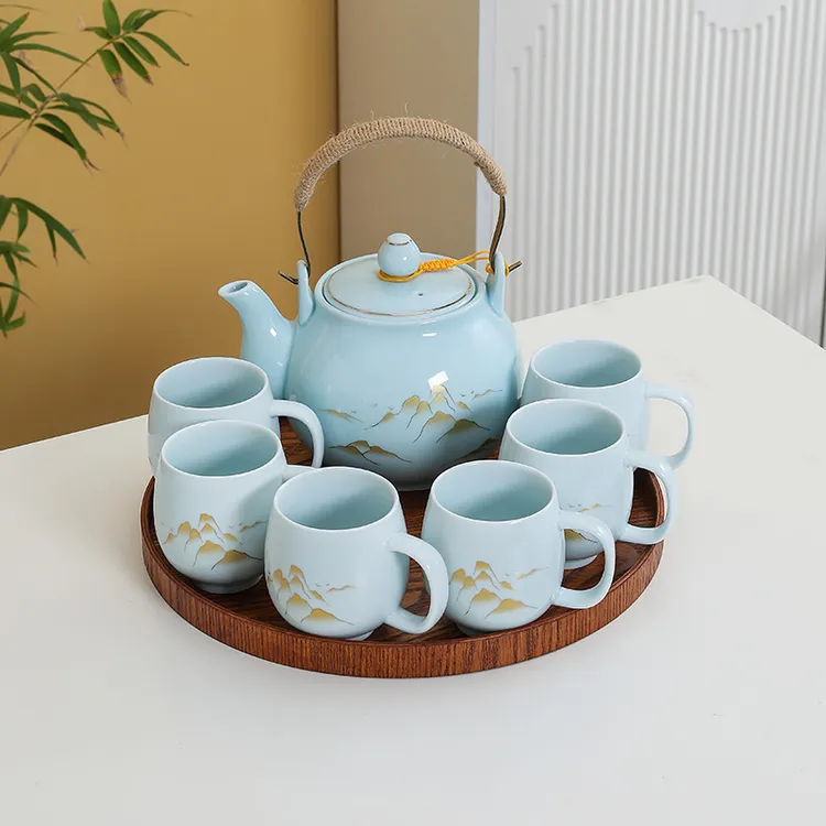 粉青提梁壶陶瓷茶具家用简约中式清新防烫茶杯套装日照金山图案