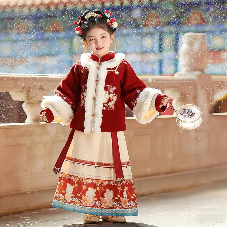 【锦鲤】女童冬款中国风新中式加绒加厚汉服古风古装套装过年拜年服