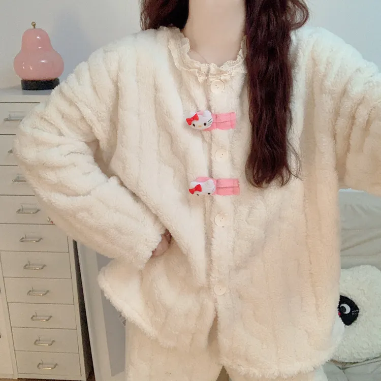 【加绒加厚】珊瑚绒睡衣女款秋冬季卡通粉KT猫法兰绒保暖家居服套装