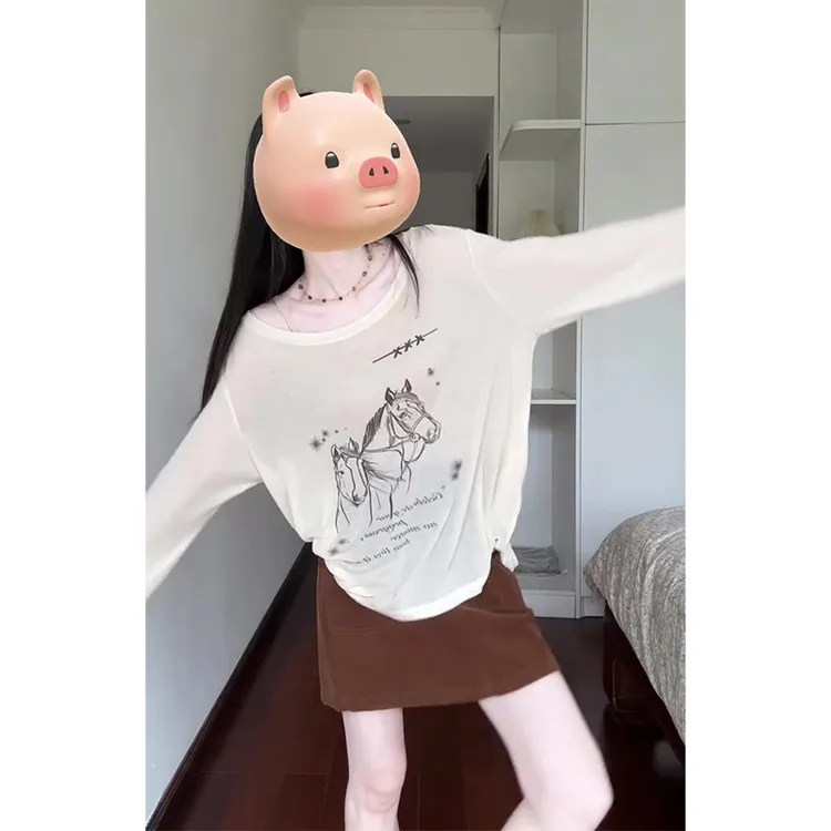 2025早秋新款女法式气质薄款印花长袖上衣百搭气质高腰显瘦半身裙