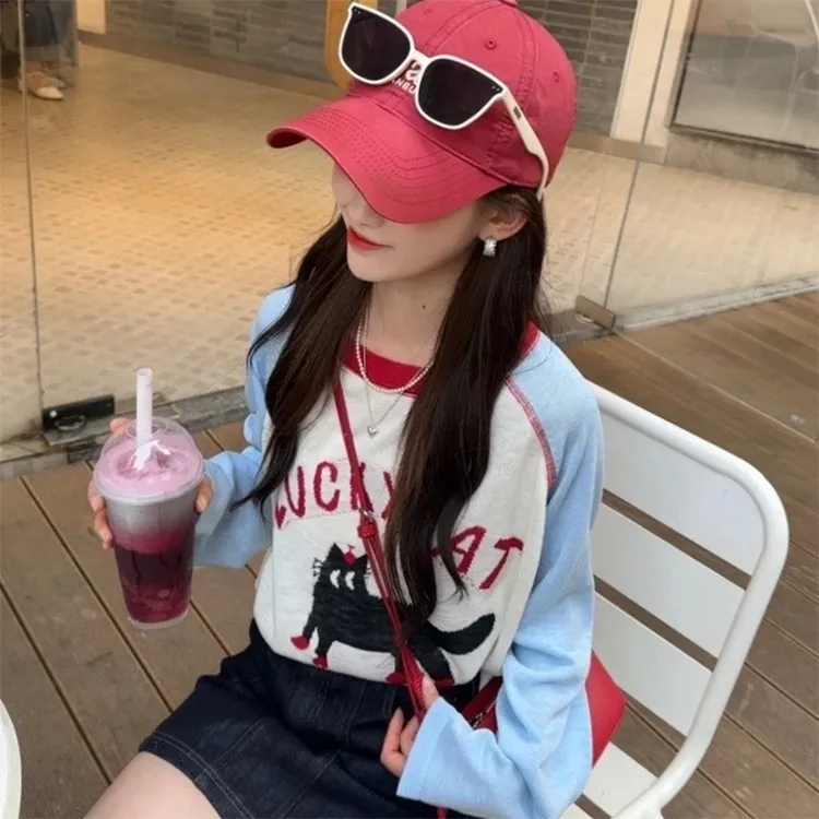 韩系chic减龄学院风猫咪印花T恤女春秋2025年撞色插肩袖打底上衣