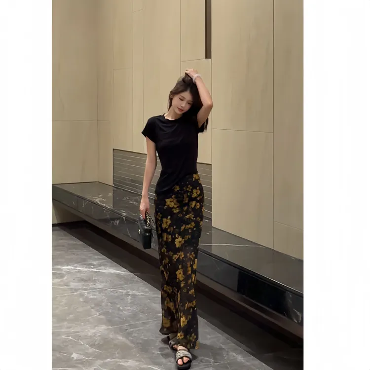 KELE  【黄玫瑰可乐店】百搭高级感鱼尾气质碎花夏季高腰长款半裙