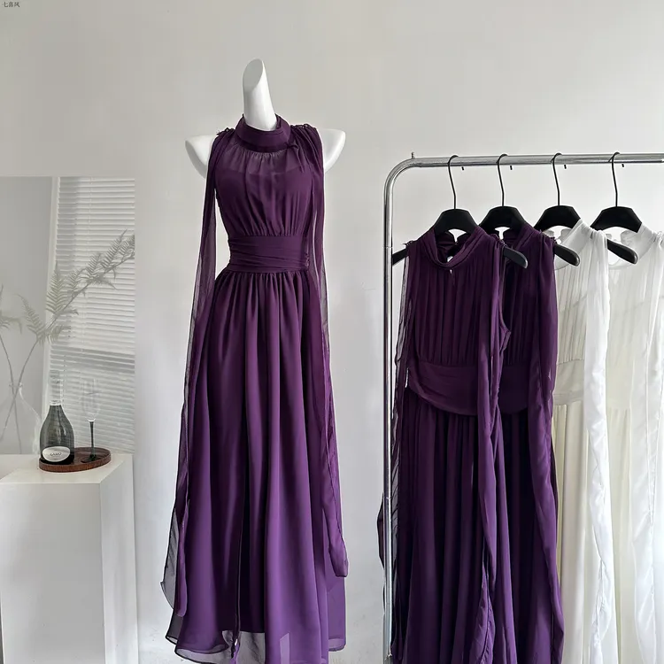 新款夏季修身棉质围巾领吊带长款连衣裙