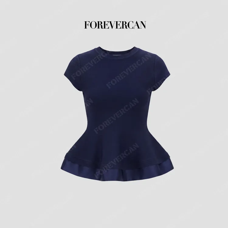 FOREVERCAN“深海流光”100天丝裙摆式拼接显瘦宝蓝色针织MY4965