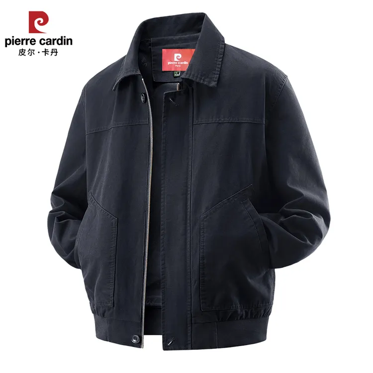 皮尔卡丹/纯色复古翻领水洗纯棉春秋常规款中年夹克大码男士外套
