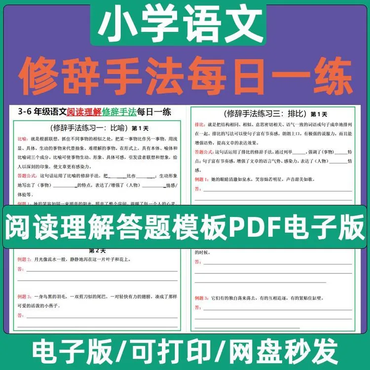 三四五六年级阅读理解答题公式模板修辞手法每日一练小纸条电子版