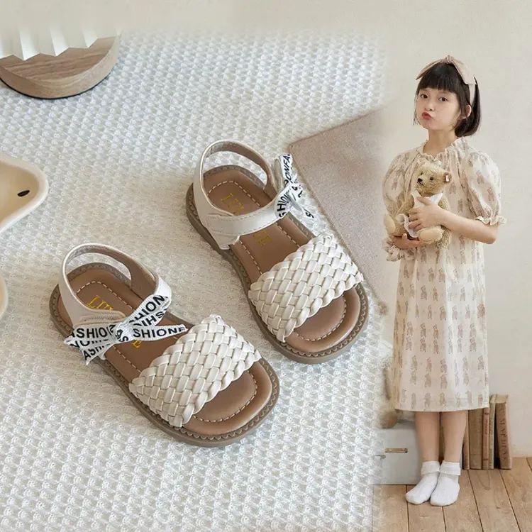 ABC女童露趾凉鞋2025新款百搭夏季蝴蝶结罗马鞋洋气软底公主凉鞋