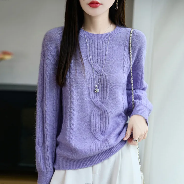 圆领长袖女套头外穿加厚秋冬季新款宽松慵懒风麻花上衣打底针织衫