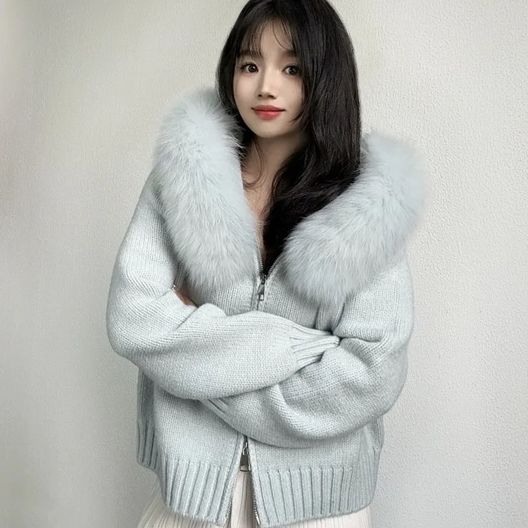 韩系大毛领连帽拉链慵懒千金风毛衣开衫外套秋冬高级感针织衫上衣