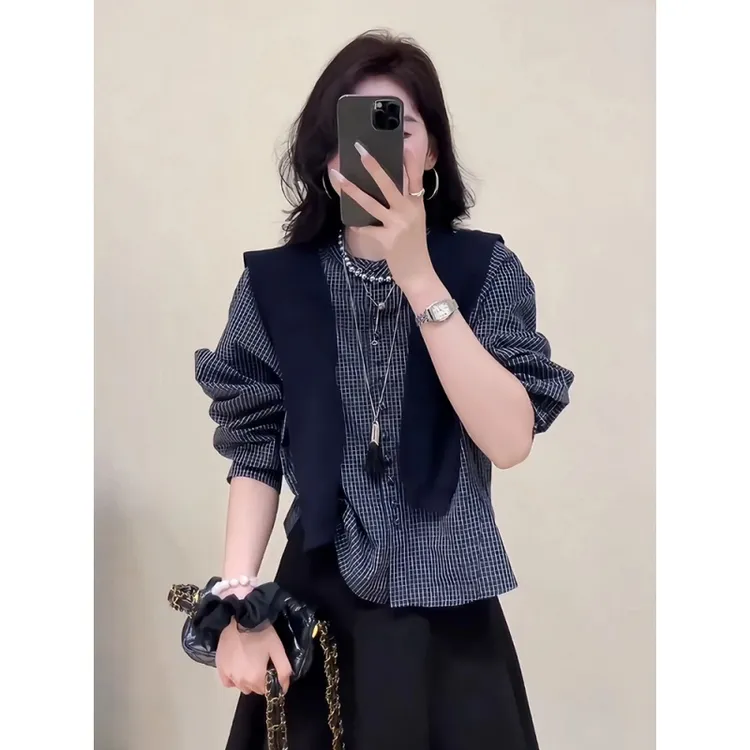 2025秋季新款设计感小众宽松显瘦百搭上衣韩系复古格子长袖衬衫女