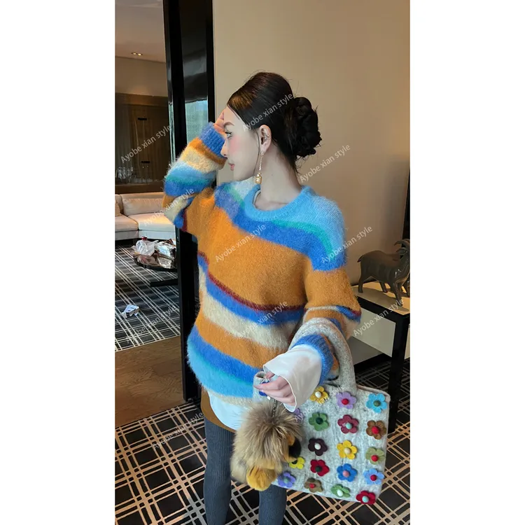 【AYOBE】小贤  羊毛超暖软糯撞色彩虹针织日落毛衣