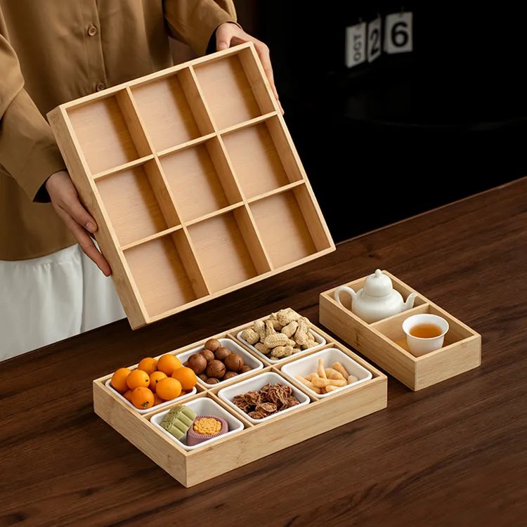 中国果盘防摔创意中式果盘简约竹木省空间九宫格干果盘茶盘