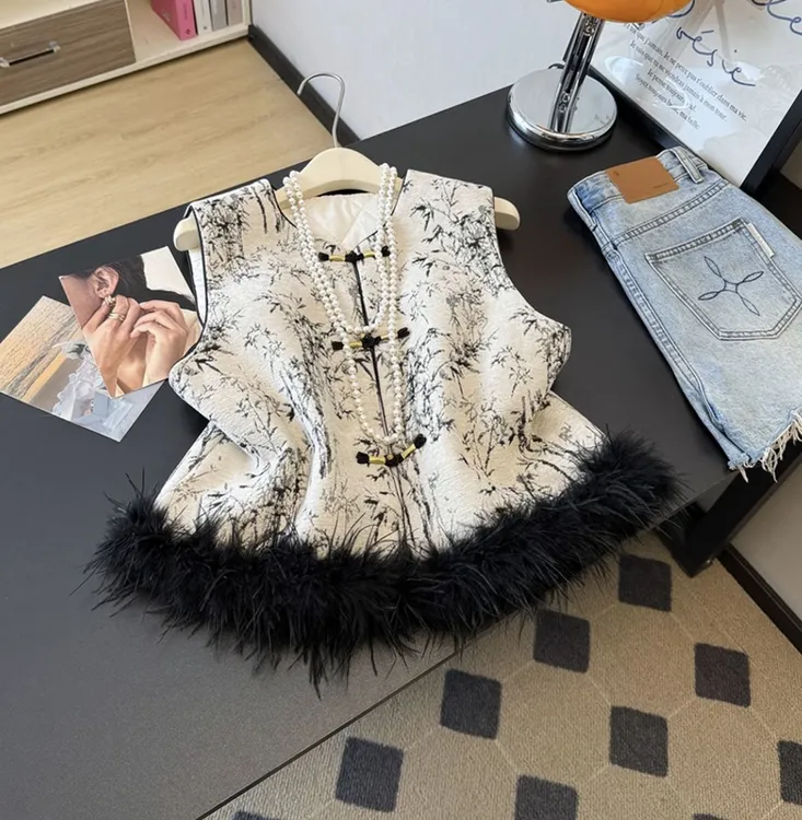 【加棉加厚+毛毛可拆卸】新中式水墨画刺绣提花拼接鸵鸟毛马甲