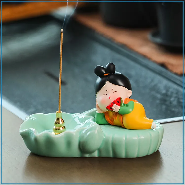 檀香沉香插香座香道盘香炉可爱唐仕女家居摆件中国风青瓷底线香插