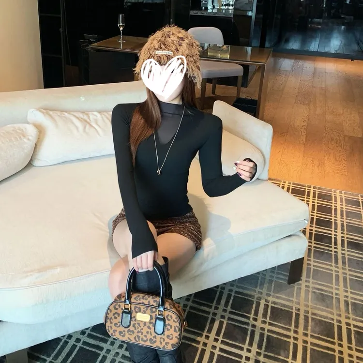 性感纯欲半高领拼接网纱修身百搭打底衫秋冬内搭设计感T恤上衣女