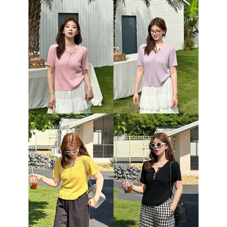 裂渡宣宣【甜夏香氛】微胖大码女夏气质百搭彩扣毛织小衫ZY506F25