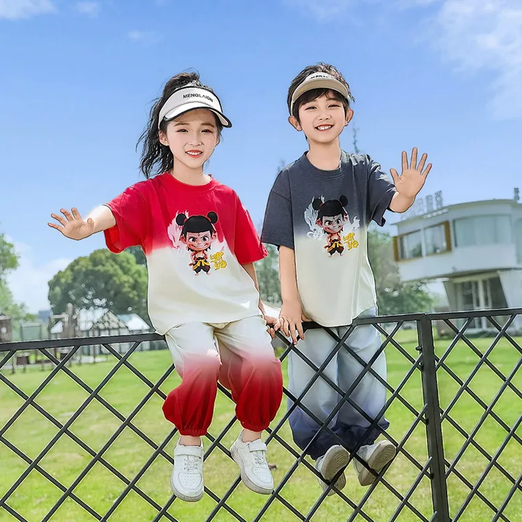 国潮男女童哪吒渐变短袖套装儿童防蚊休闲裤两件套男女孩童装夏装