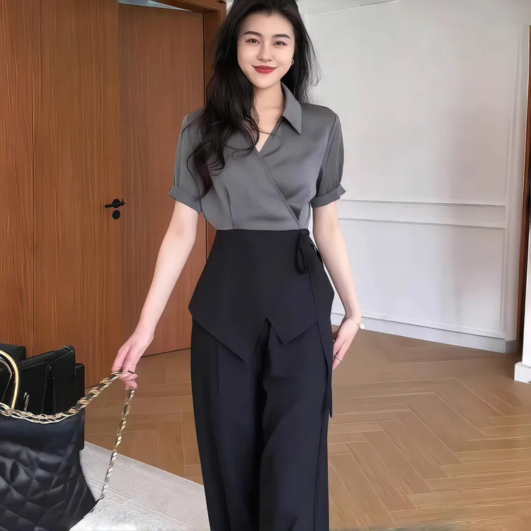 大码女装通勤黑灰时尚套装夏季微胖MM高级撞色收腰衬衫显瘦直筒裤