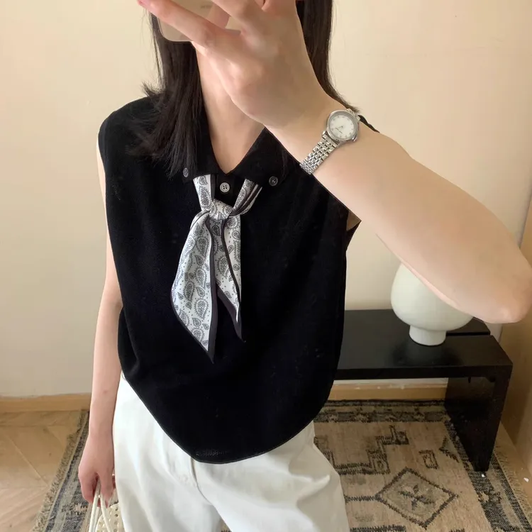 夏新款韩系气质小翻领纽扣配丝巾薄款无袖t恤针织衫时尚百搭上衣