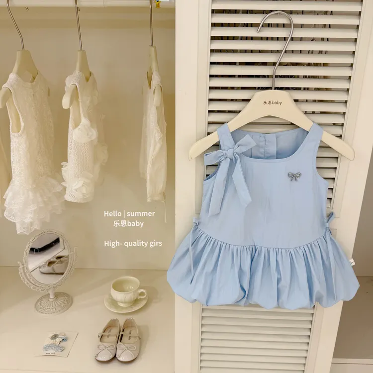 【现货】女童洋气原创设计感蓝色背心花苞裙洋气时髦小宝宝连衣裙夏