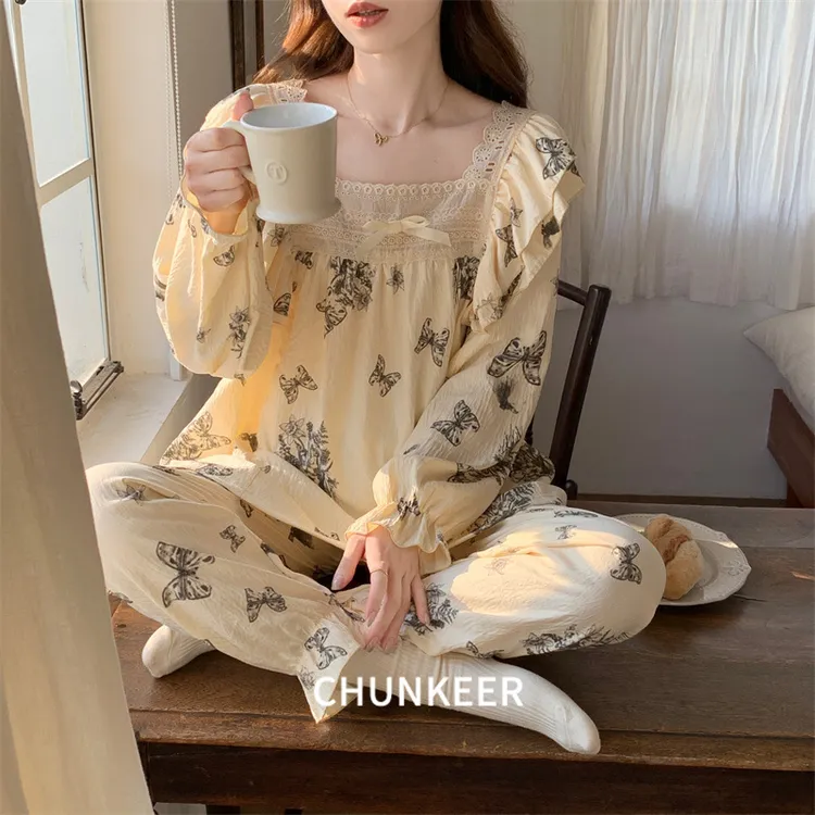 云朵棉睡衣女春秋款公主风长袖薄款休闲花边可外穿家居服套装