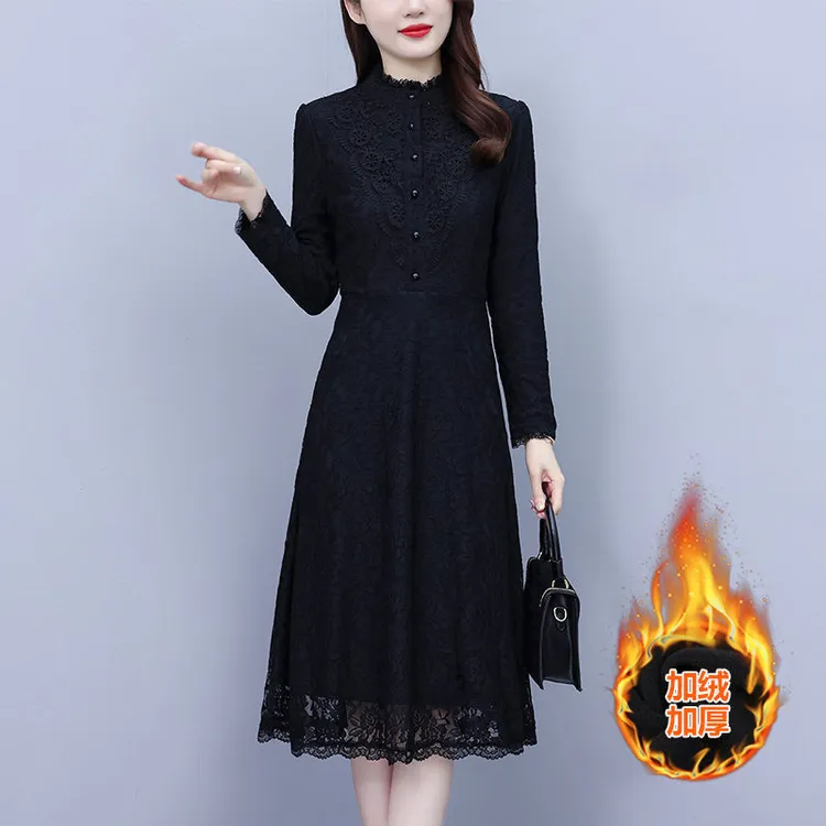 加绒加厚蕾丝秋冬连衣裙新款洋气气质修身大衣显瘦裙子打底
