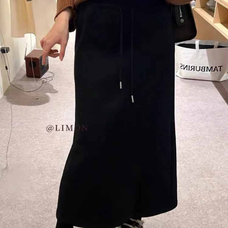 9502复古简约百搭抽绳半身裙女秋冬新款高腰显瘦直筒开叉a字裙