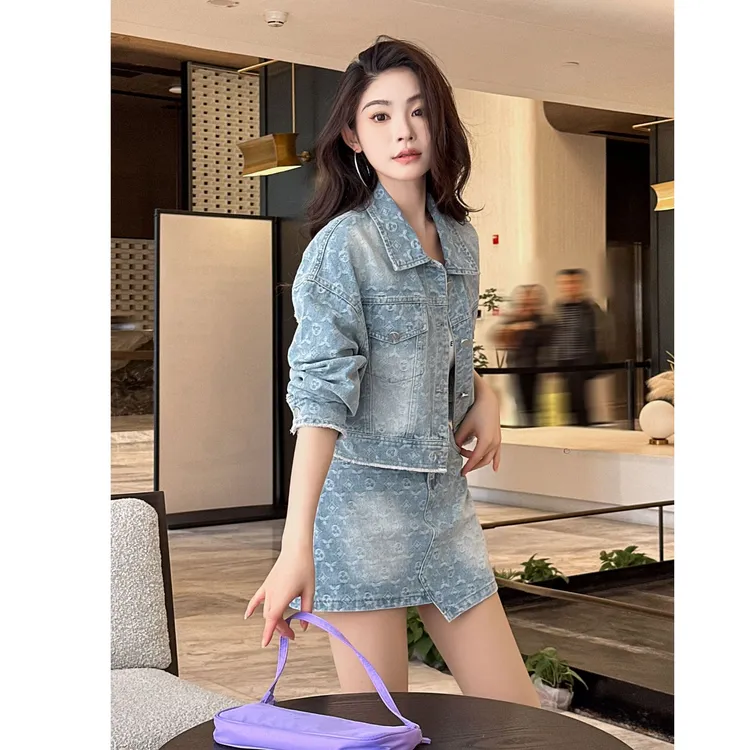 拉夏贝尔牛仔套装裙女2025秋季新款气质显瘦外套半身裙两件套