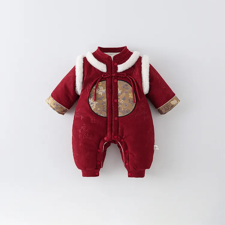 库存国风连体衣婴儿盘扣衣服男女宝宝加厚夹棉棉衣外出爬爬服可爱