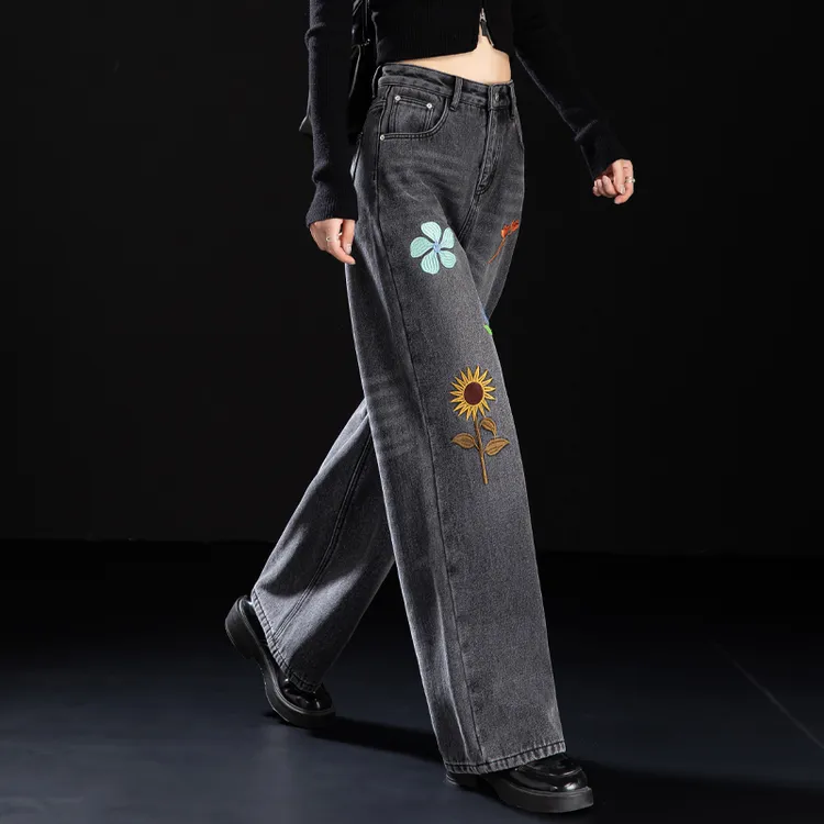 黑色刺绣牛仔裤女2025秋冬季新款女裤子宽松高腰窄版直筒裤阔腿裤