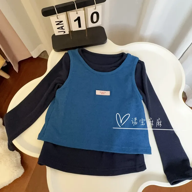 【秋上新】【原版高品质棉】女童长袖t恤背心两件套叠穿设计师款上衣
