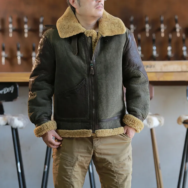 帅气复古休闲复刻RLB3皮毛一体飞行服皮衣男磨毛配马皮兜加厚